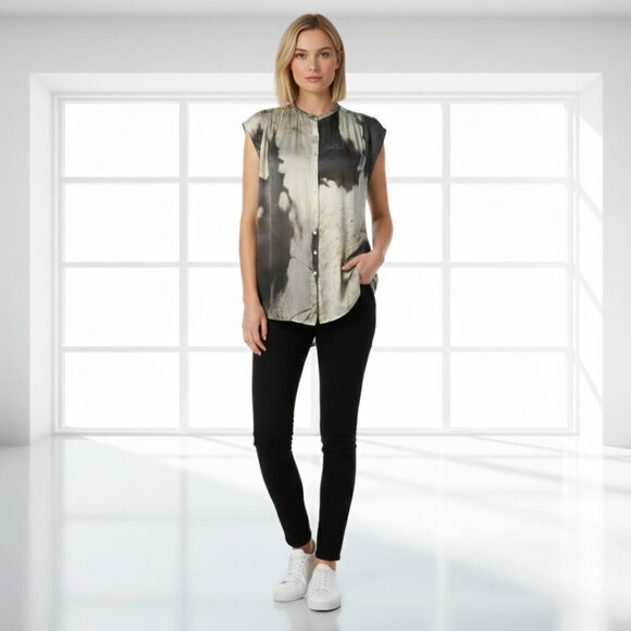 Johnny Was Biya 100% Silk Blouse Top M Medium Tie Dye Marbled Full Button Down - Picture 1 of 10